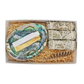 SOUL STICKS Cleansing Kit Smudge Gift Set Box with White Sage, Large Smudge Shell, Palo Santo Stick, 4 Selenite Wand and Turkey Feather in White Gift Box (Green Abalone Shell)