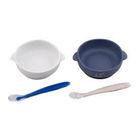 PAPU BABY Set de 2 tazones/bowl/plato y cucharas de Silicón 100% grado alimenticio con base de succión. Libre de BPA (Blanco Mármol/Azul Marino)