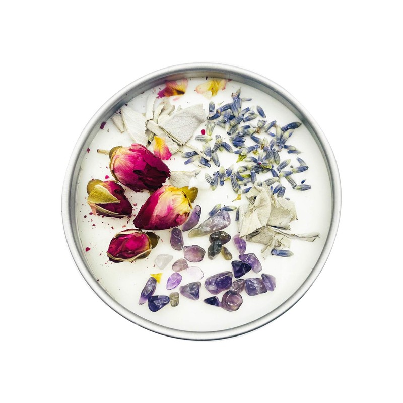 TOMOKO White Sage Scented Candle with Rose, Lavender and Crystal!