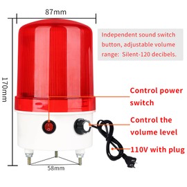Industrial LED Rotating Warning Light, AC110V Red Strobe Light for Public Emergency Alarms, Siren Light with Volume Adjustment,with Plug, Buzzer (AC110V （Plug, Switch, Volume))