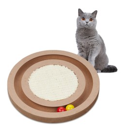 Relaxdays Katzen Kratzbrett, Ø 27,5 cm, MDF & Sisal, Katzenspielzeug Beschäftigung, Kratzrondell mit Kugelbahn, Natur, 2,5 x