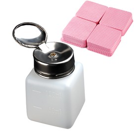 FSpronail Alcohol Dispenser 120ml Metal Push Down Pump Dispenser Empty Nail Polish Remover Pump, Lip & Eye Makeup Remover Bottle with 200Pcs Lint Free Nail Wipes