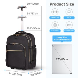 DEVPNR Rolling Backpack for Women, 17Inch Laptop Travel Backpack with Wheels, Carry on Luggage Airplane, Overnight Business Trolley Backpack Bag (Elegant Black) (In Patent)