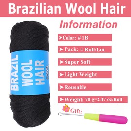COOKOO 4 Roll Natural Black Brazilian Wool Hair for African Crochet Braids Senegalese Twist Soft Faux locs Jumbo Braids Goddess Locs Synthetic Hair Extensions for Women 70G/Roll(1B#)