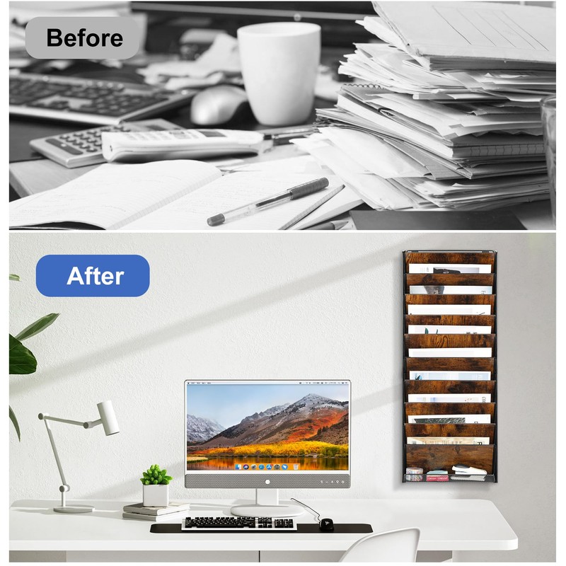 Solinxe 10-Tier Wall File Organizer, Wood Mail Organizer Wall Mounted