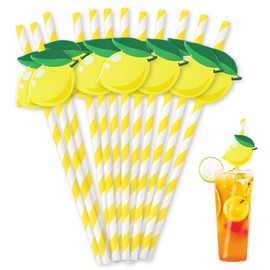Lemonade Stand Paper Straws - 100PCS Fresh Lemonade Party Decorations Supplies, Lemon Drink Cocktail Striped Straw for Drinks, Birthday Decor for Summer Disposable (Yellow)