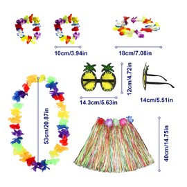 NITAIUN 6 Pack Hawaiian Hula Grass Skirt Sets, Coloured 40 cm Short Skirt, Pineapple Sunglasses, Hawaiian Lei, Flower Bracelets, Flower Headband, for Hawaiian Party, Summer Beach Party