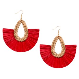 Statement Raffia Tassel Earrings Boho Summer Beach Earrings Lightweight Straw Wicker Dangle Drop Earrings Trendy Bohemian Rattan Fringe Earrings Jewelry for Women, Red
