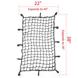 CZC AUTO 22"x38" Black Latex Bungee Cargo Net Strech to 44"x76", Luggage Netting with 2"X2" Small Mesh and 12 Adjustable Plastic Hooks, for Rooftop Cargo Carrier Roof Rail Rack Hitch Basket SUV
