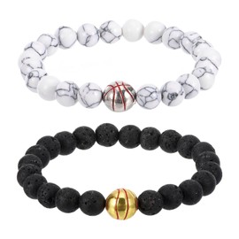 PATIKIL Basketball Bracelets, 2 Pcs Beaded Basketball Gifts Adjustable Wristbands with Basketball Beads for Teenagers, Adults, Black White