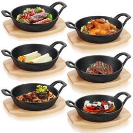 Nuogo 6 Sets Mini Cast Iron Sizzler Plates Skillet with Wooden Base Cast Iron Skillet Round Fajita Plate Mini Black Cast Iron Pot for Kitchen Restaurant Baking Cooking Serving(4.9 Inches)