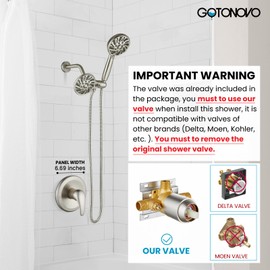 gotonovo Dual 2 in 1 Shower Head Kit High Pressure Combo System Shower Faucet 6 Modes ABS Handheld Spray Shower Trim Kit with Valve Shower Head and Handle Set Brushed Nickel