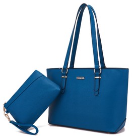 Handbags for Women Shoulder Bags Tote Satchel With Matching Wrist Bag 2pcs Purse Set QueBlue