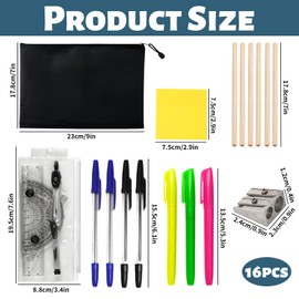 YcsRnn Stationery Set, Complete School Supplies Kit for Secondary School and High School, Includes 4 Pens, 6 Pencils, Compass, Ruler, Eraser, Sharpener, Highlighters, Sticky Notes