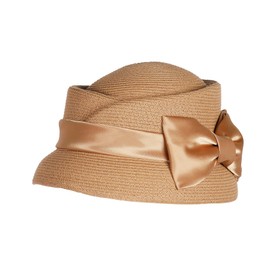 Women’s Vintage Straw Cloche Church Hat with Satin Bow | Elegant Bowler Bucket Hat for Tea Party Wedding Garden Formal Events Khaki