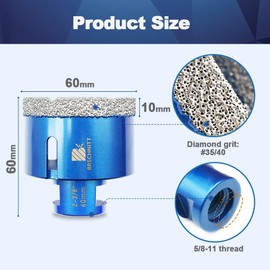 60mm Diamond Core Drill Bit for Porcelain Tile Ceramic Marble Granite Drilling,BRSCHNITT 1pc Vacuum Brazed Diamond Hole Saw with 5/8-11 Thread (60mm)