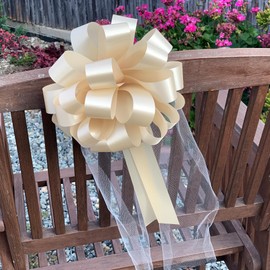 Champagne Gold Wedding Pull Bows with Ivory Tulle Tails - 8" Wide, Set of 6, Reception, Anniversary, Bridal Shower, School Dance, Fall Decor, Thanksgiving, Christmas