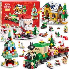 Advent Calendar 2024 - Christmas Building Blocks Holiday Gifts for kids Teen 24 Days Surprise Gift Box Countdown Calendar for Girl Boys 6 In 1 Christmas Tree Train House Block Toy Set (Green)