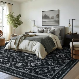 Large Black and White Area Rug 8x10 for Living Room Large Charcoal Black Modern Boho for Bedroom Soft Vintage Area Rug Farmhouse Floral Carpet for Dining Room Guest Bedroom Home Decor