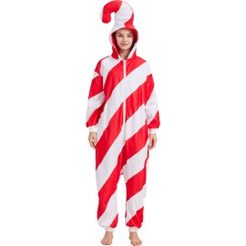 HMHMAWAHV Adult Candy Cane Costume Onesie, Red and White Striped Christmas Cosplay Pajamas for Women and Men