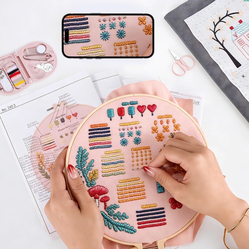 Beginner Embroidery Starter Kit, With Embroidery Stitch Book and 3-Pack