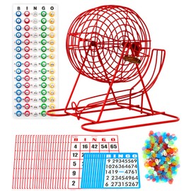 Regal Bingo Professional Bingo Game Set with 11" Wheel Cage, 75 Bingo Balls, Master Board, 18 Bingo Cards & 25 Jumbo Reusable Cards, and Colorful Chips - Bingo Games for Adults Large Group - Red