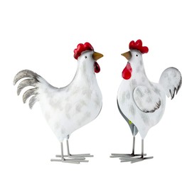 Set of 2 Bird Figures Rooster Hen 21 cm Metal Birds Decoration