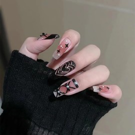 Vezocim Black Press on Nails Square Medium 24Pcs Glossy Full Cover Coffin French Tips Fake Nails with Heart Bow Pearl Designs Artificial Acrylic False Nails Fingernails Glue on Nails for Women