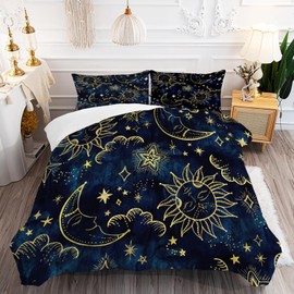 FUYEUN Celestial Comforter Set Queen Size Blue Gold Sun and Moon Boho Bedding for Kids Adult Women Teens Universe Galaxy Bohemian Exotic Gothic Quilt 1 Comforter + 2 Pillow Cases
