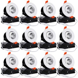 TORCHSTAR 12-Pack 3 Inch Gimbal LED Dimmable Recessed Light with J-Box, 7W (50W Eqv.) 500lm, Airtight, ETL/Energy Star, CRI 90+, 5000K Daylight, 5 Years Warranty, White