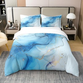 100% Natural Cotton Blue White Marble Duvet Cover for Kids Boys Girls,Ombre Watercolor Bedding Set King,Girly Bohemia Comforter Cover,Abstract Tie Dyed Bed Sets with 2 Pillowcases Bedroom Decor
