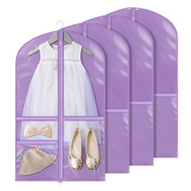 KEEGH Dance Costume Bags Garment Bag 40 Inch Hanging Clothes for Dance Competitions, with 3 Medium Clear Zipper Pockets for Dance Costumes, Closet Storage (Purple) - 4 Pack