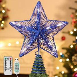 Lewondr Christmas Star Tree Topper, USB Powered Remote Controlled 6H Timer Tree Star with Lights and Sequins, Christmas Tree Topper Lighted for Home Holiday Xmas Tree Christmas Decoration, Blue