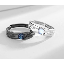 Awmnjtmgpw 925 Sterling Silver Retro Glazed Moonstone Ring Angel and Devil Couple Ring Black (Black)