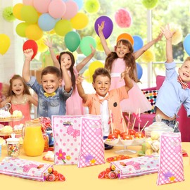 JamboRella 40PCS Pink Cat Party Favor Bags with Bow and Floral Design, Plastic Cute Cartoon Goodie Candy Gift Bags with Handles for Birthday, Baby Shower Party Supplies Decor