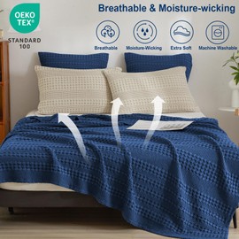 PHF 100% Cotton Waffle Weave Blanket Twin Size for Bed, Lightweight Washed Cotton Blanket - 66"x90" Aesthetic Soft Woven and Breathable Blanket for Sofa Home Decor - Bright Navy Blue