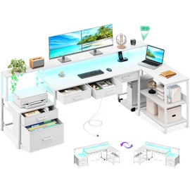 AODK L Shaped Desk with 5 File Drawers, 75" Reversible L Shaped Computer Desk with Power Outlet & LED Strip, Office Desk with Storage Shelves, Gaming Desk with Monitor Shelf, Corner Desk, White