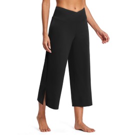 ISEEGZ 25" Wide Leg Yoga Pants for Women High Waisted Womens Loose Lounge Cropped Pants Travel Crop Pants with Pockets Black