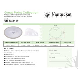 Nantucket Sinks GB-17x14-W Undermount Bathroom Sink – 17"x14" Oval White Bowl Bath Vanity Sink, Glazed Bottom for Open Console, w Overflow – Ceramic, High Gloss, Stain & Scratch Resistant