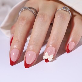 30pcs Almond Press on Nails Short Fake Nails Red French tip False Nails with Design Bow Glue on Nails Acrylic Nails Press ons,Reusable French Nails for Women Girls Manicure…