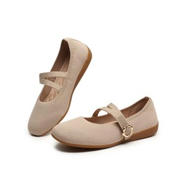 ZUXYAFU Women's Flats Mary Jane Ballet Flats Comfortable Knit Casual Ballerina Walking Dressy Office Slip-on Shoes with Adjustable Straps, 047 Camel 9 US