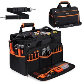 Heavy Duty Tool Bag 17.3-Inch, 26-Pocket Large Tool Bags for Men Women with Adjustable Shoulder Strap,Waterproof, Foldable Tool Bag Organizer for HVAC Electricians Mechanics Craftsman Contractor