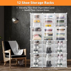 WOQLIBE 12 Pack Shoe Storage Box, Clear Plastic Stackable Shoe Organizer w/Lids, Saving Space & Large Containers, Foldable Shoe Rack for Closet, Display Sneaker