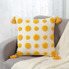MingBo Boho Yellow Throw Pillow Cover 18x18 Inch, Pom Pom and Tassels Tufted Decorative Cushion Case Pillow Covers for Couch, 1 PC