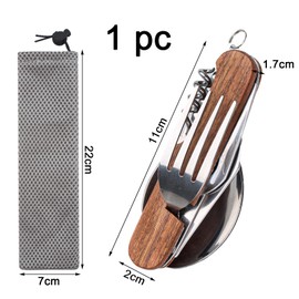 6 in 1 Camping Cutlery Set, Camping Cutlery with Wooden Handle, Outdoor Cutlery with Drawstring Bag, All-in-One Stainless Steel, Folding Cutlery for Outdoors, for Hiking, Picnic, Camping, Festival