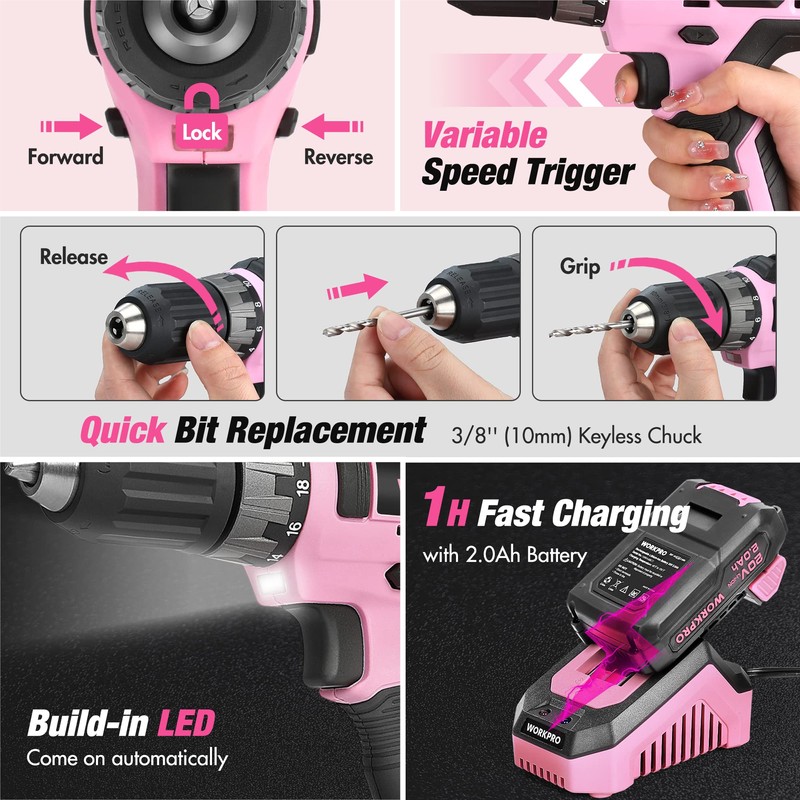 WORKPRO Pink Tool Kit with Drill, Tool Set with 20V