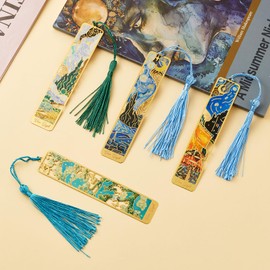 Metal Bookmarks with Tassel Golden Hollow Bookmark Oil Painting Theme Book Mark Bookmarks for Book Lovers Writers Readers Men Women,4 Pieces,Style6