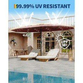 15FT Large Patio Umbrella with Solar Lights, 36 LED Lights Outdoor Double-Sided Rectangle Market Umbrella with Cross Base and Sandbag, Outside Umbrellas for Deck Pool Lawn Backyard (Wine Red)
