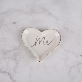 Ceramic Heart Shape Mr.& Mrs Wedding Ring Dish, Jewelry Dish Tray, Home Decor Trinket Dish, Wedding, Birthday, Valentine's Day, Set of 2 (White)