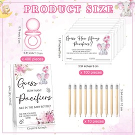 Roowest 512 Pcs Baby Shower Games Guess How Many Pacifiers Sign 100 Small Guessing Games 10 HB Pencils 750ml Milk Bottle 400 Acrylic Pacifiers Decoration for Guest Gender Reveal(Pink,Elephant)